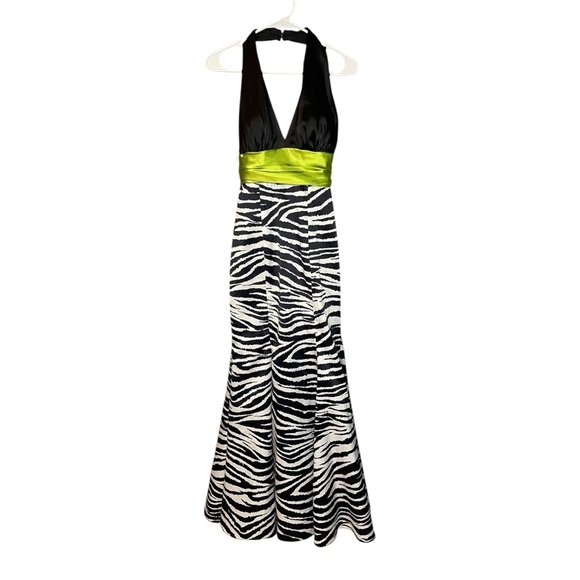 Betsy & Adam Size 2 Zebra Print Halter Gown with Lime Waist - Picture 2 of 10